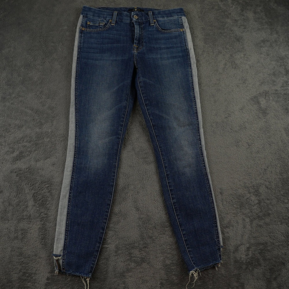 7 For All Mankind Ankle Skinny Jeans Womens 30 Blue Side Stripe Raw Hem - Picture 1 of 13